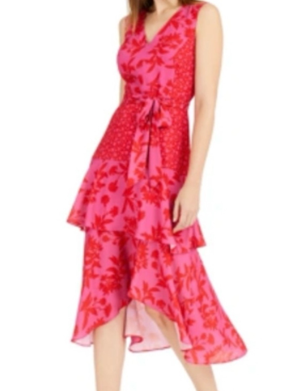 Sam Edelman Pink and Red Floral High-Low Tiered Dress Sz S